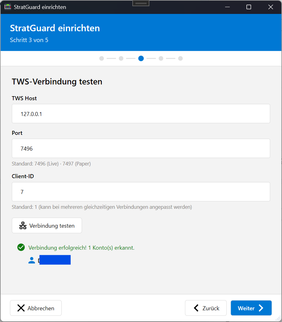 Wizard – Port und Client-ID eintragen, Verbindung testen